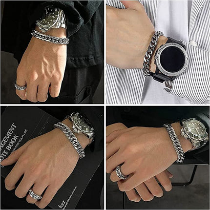 Stainless Steel Men's Bracelet Curb Chain for Men/Boys Heavy Link Cuban Link Bracelet Bangle Hip Hop Rapper Fashion Jewelry 10mm Wide/21cm Long (Silver/Black/Gold)