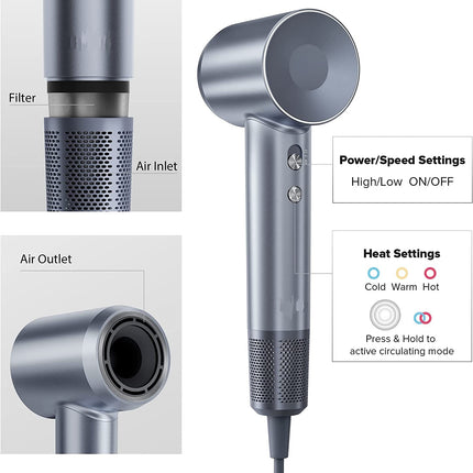Hair Dryer, Negative Ionic Hair Dryer with 110,000 RPM Brushless Motor for Fast Drying, High Speed ​​Low Noise Thermo-Control Hair Dryer with Magnetic Nozzle, for Home, Travel (Silver Blue) 