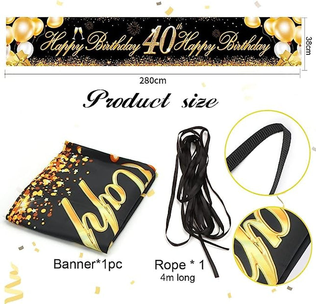 40th Birthday Banner - Birthday Decoration - Black/Gold 