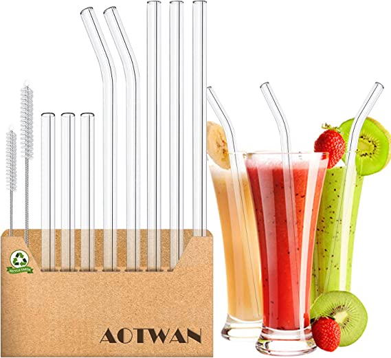 glass straws, reusable, 20 glass straws, 6 short + 6 long straight glass straws, 4 curved glass straws with 4 cleaning brushes for cocktails, smoothies and juices