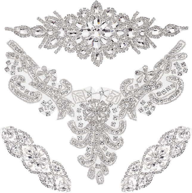 4 Pieces Rhinestone Appliques Silver Wedding Bridal Iron On Sash Neckline 