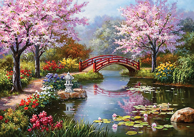 Landscapes - Diamond Painting - 4 different for the price of 2 - 40 x 30 cm - 4 x square stones - Japanese Blossom, House in flower garden, Cabin and Nature - 4 full packs