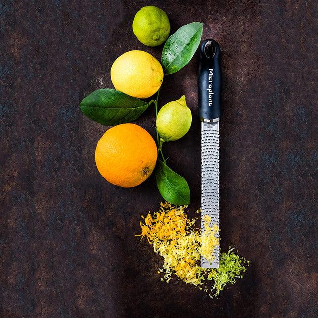 Grater in Black for citrus fruits, hard cheese, ginger, chocolate, nutmeg and truffle with fine stainless steel blade - made in the USA