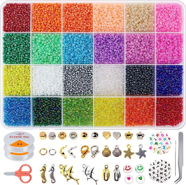 Stringing Beads,19200pcs, 2mm Bead Set with 104pcs Letter Beads and 190pcs Small Accessories for DIY Bracelets, 24 Colors Glass Beads for Jewelry Making (2mm)